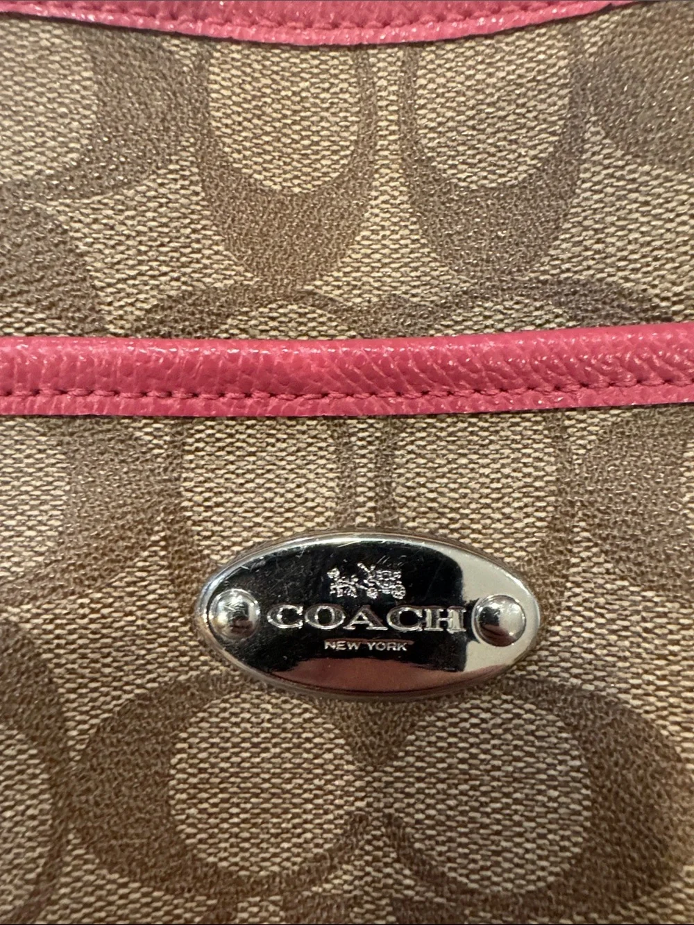 Coach Brown Signature Crossbody with Pink Trim and Strap